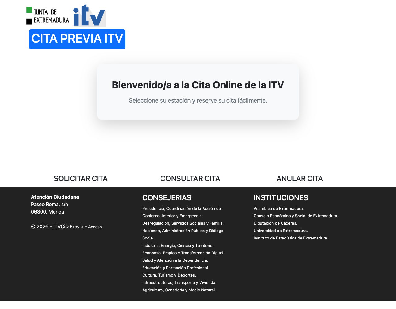 Pantalla de inicio del sistema de cita previa ITV de la Junta de Extremadura
